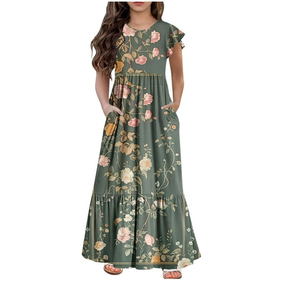 AJTQTH Girls Casual Dress Vintage Floral High Waist Tunic Maxi Dress Ruffles Sleeve Crewneck Sundress Flowy Tiered Gowns with Pockets Green 8 Years