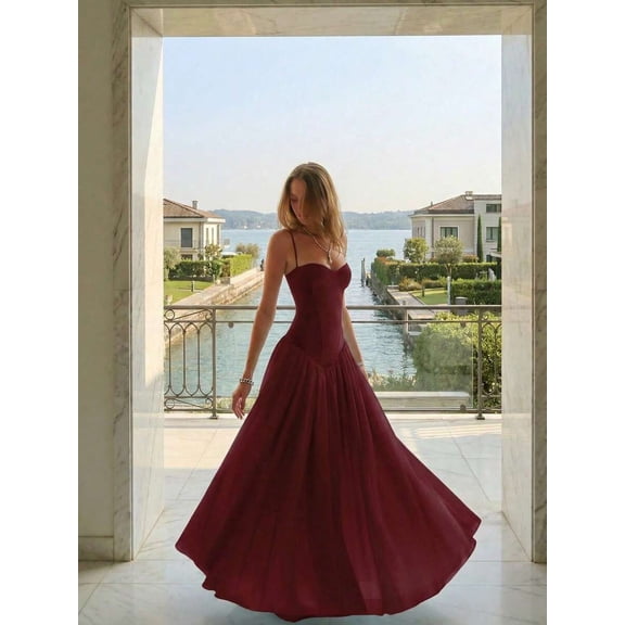Burgundy Sweetheart Neck Pleated Maxi Dress With Spaghetti Straps For Formal Evening Or Wedding Guest