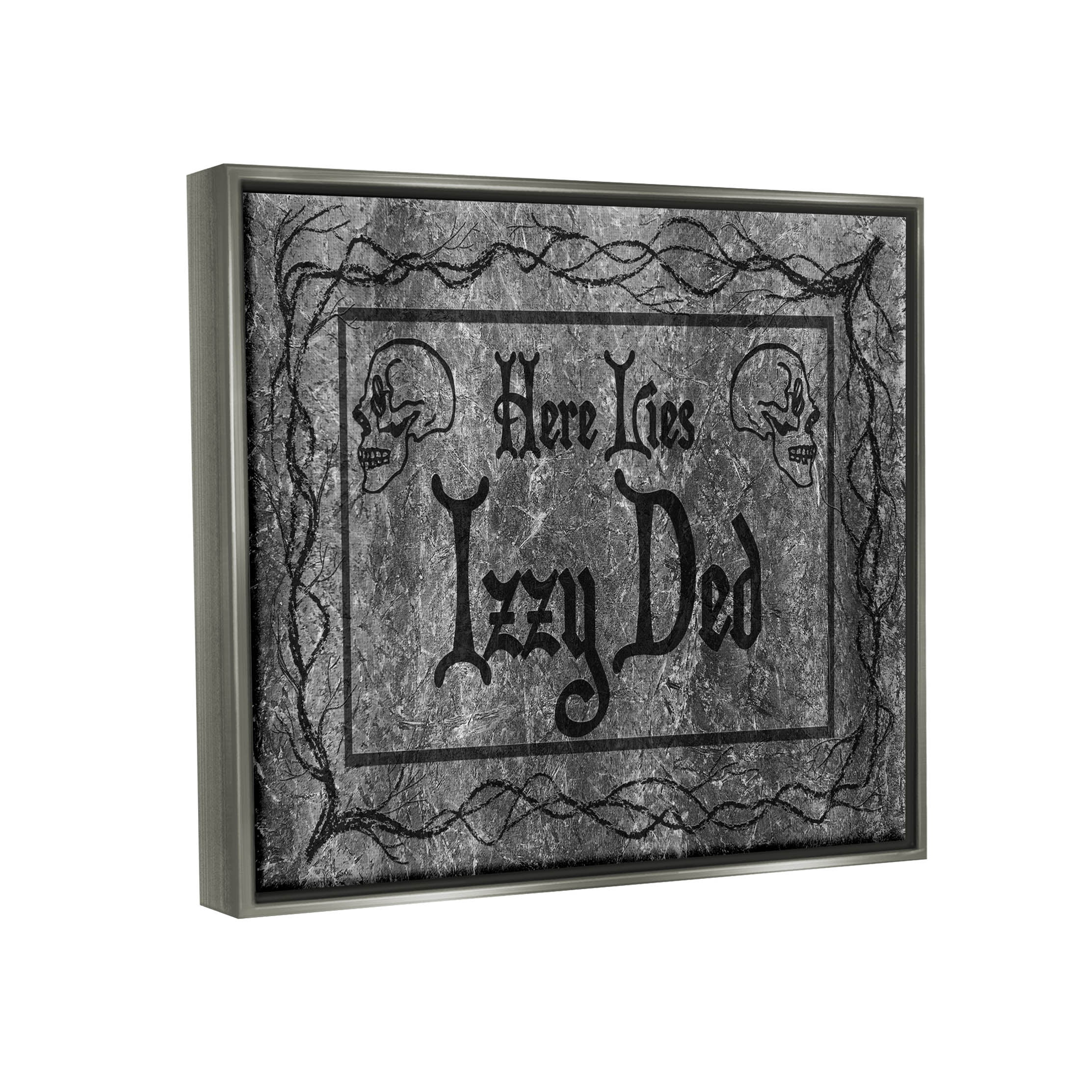 Stupell Industries Here Lies Izzy Ded Gravestone Graphic Art Luster Gray Floating Framed Canvas Print Wall Art, Design by Lil' Rue
