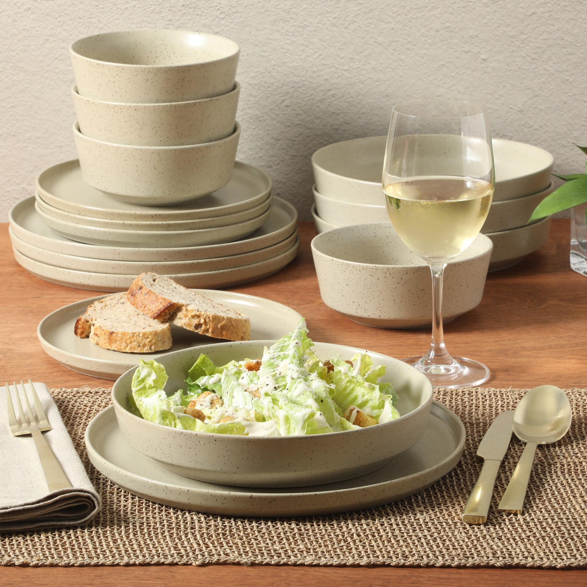 Gibson Elite Overbrook 16-Piece Pottery Clay Stoneware Dinnerware Set – White Reactive Glaze, Stackable Plates and Bowls w/ Pasta Bowl, Service for 4 – Microwave & Dishwasher Safe