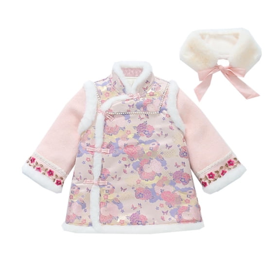Ruyang Chinese 𝗦tyle Girls Cotton Fleece Cheongsam Dress Baby Girls Button Furry Hem Qipao with Scarf New Year's Outfit