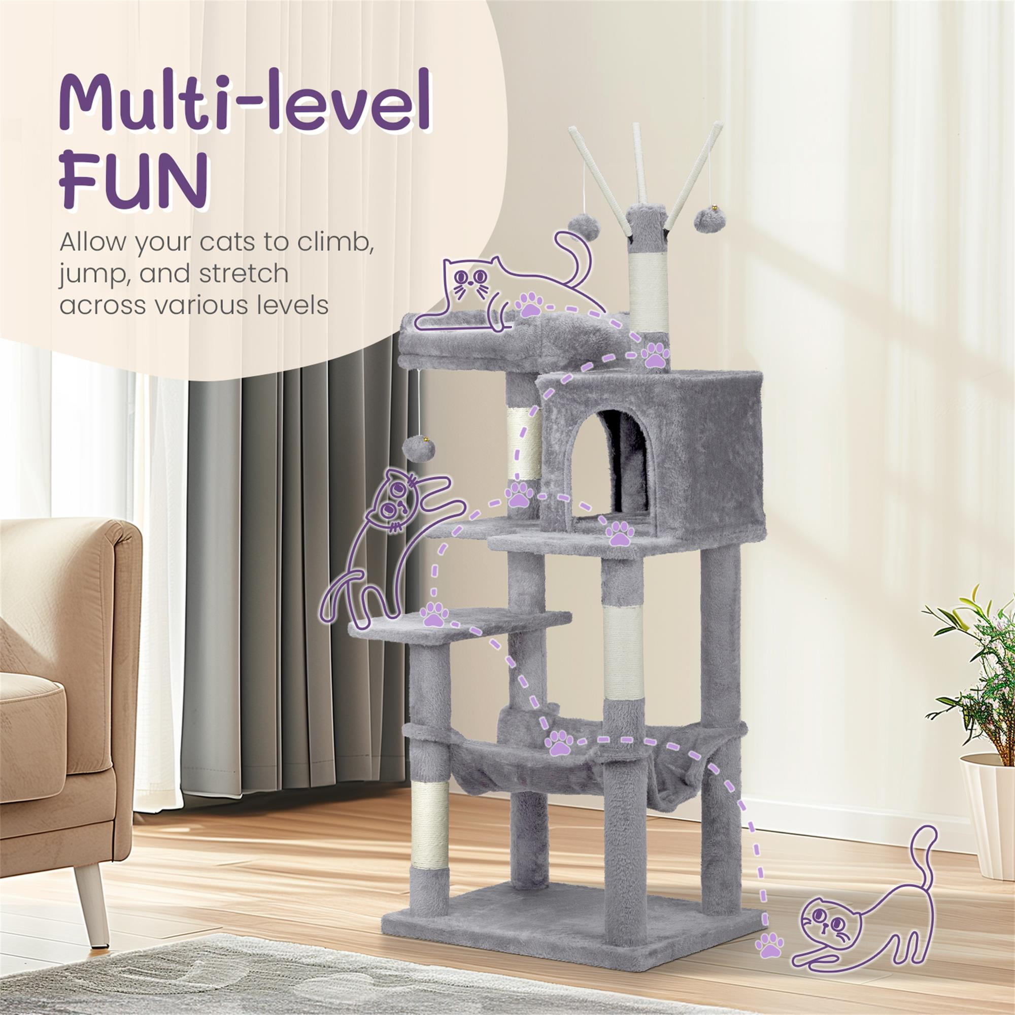 Kadyn 58" Cat Tree Tower for Indoor Cats, Cat House with Padded Platform Bed, Toy Balls, Large Cozy Condo, Hammocks and Sisal Scratching Posts, Light Gray