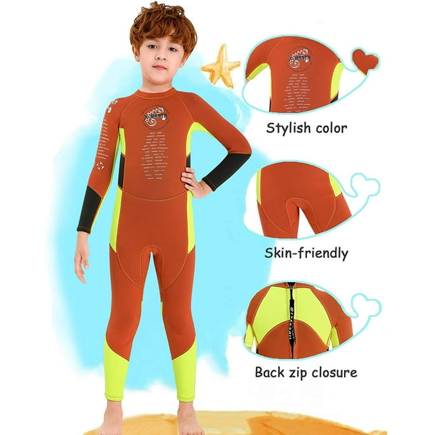 Kids Wetsuit Boys Neoprene Swimsuit, Children 2.5mm One Piece Full Wet Suits  Thermal Rash Guard Warm Thicken Swimwear Sun Protection Diving Suit UV 50+,  Long Sleeve Orange L 