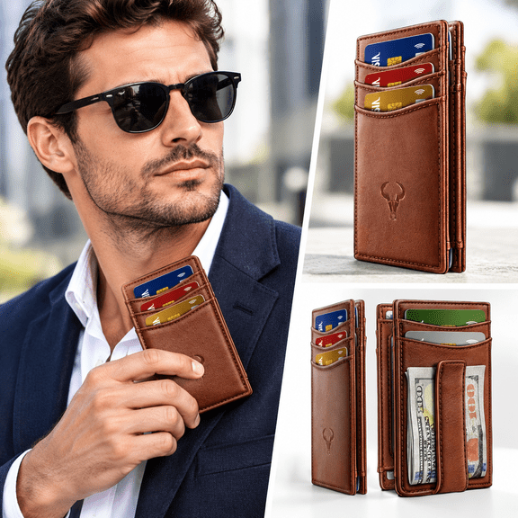 Front Pocket Wallets for Men, Genuine Leather Money Clip with Card Holder, RFID Blocking, 12 Card Slots, 1 Pack, Slim Wallet for Daily Carry