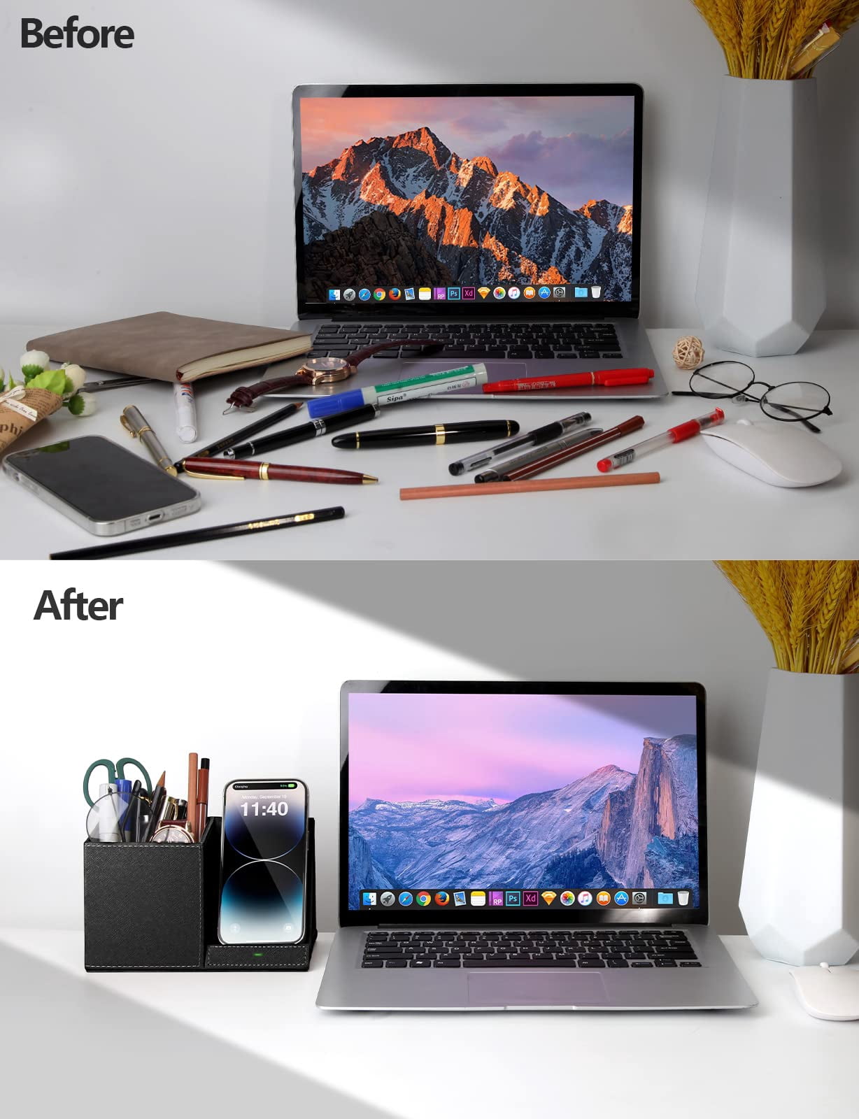 Extrelife Desk Organizer with Wireless Charging for iPhone, PU Leather with Pencil Holder for Desk & Nightstand, Black
