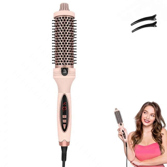 Cepillo térmico 3 en 1 para el cabello, alisador y voluminizador de iones negativos con pantalla digital, color rosa.