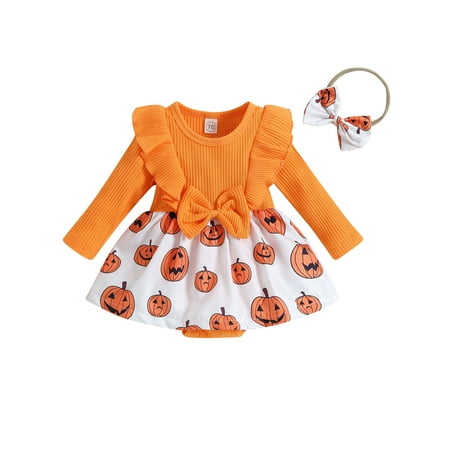 

Halloween Baby Girl Rompers Dress Pumpkin/Ghost Print Rib Knit Long Sleeve Skirt Hem Jumpsuits Winter Clothes with Headband