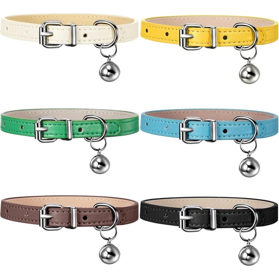 Minzimin 6 Pieces Leather Cat Collar with Bell Cute Pet Leather Kitten Collar for Boy Girl Cats with Safety Elastic Strap for Small Kitten Puppy(Bright Color)