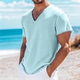 thumbnail image 5 of Klisyaur Mens Cotton Linen Shirt V Neck Short Sleeve Casual Comfortable Breathable Tee Summer Beach Tops, 5 of 5