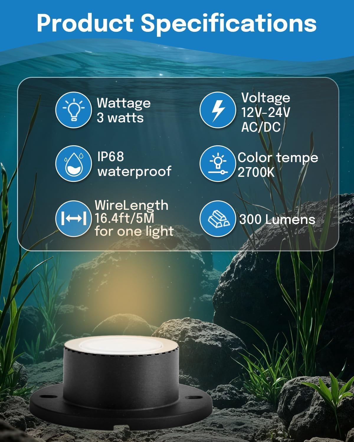 Pond Lights, LED Underwater Pond Lights, IP68 Waterproof Fountain Lights for Ponds, 2700K Warm White, 3W Landscape Spotlights for Outdoor Tank Garden Waterfall, 12-24V AC/DC Low Voltage, 4 Pack