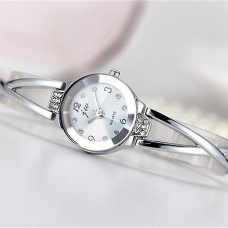 Ladies College Logo Quartz Watches - Fashion Women Crystal Stainless Steel Bracelet Bangle Analog Quartz Wrist Watch-Silver White