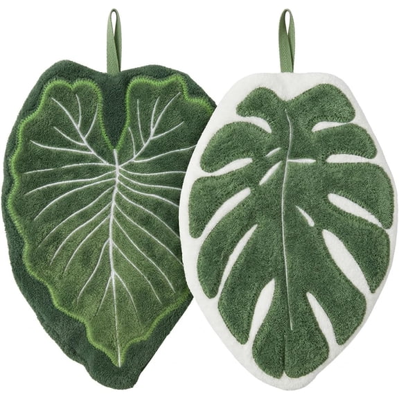 Leaf Hand Towels 2 Pack with Hanging Loop, Green Coral Fleece Towels for Kitchen Bath