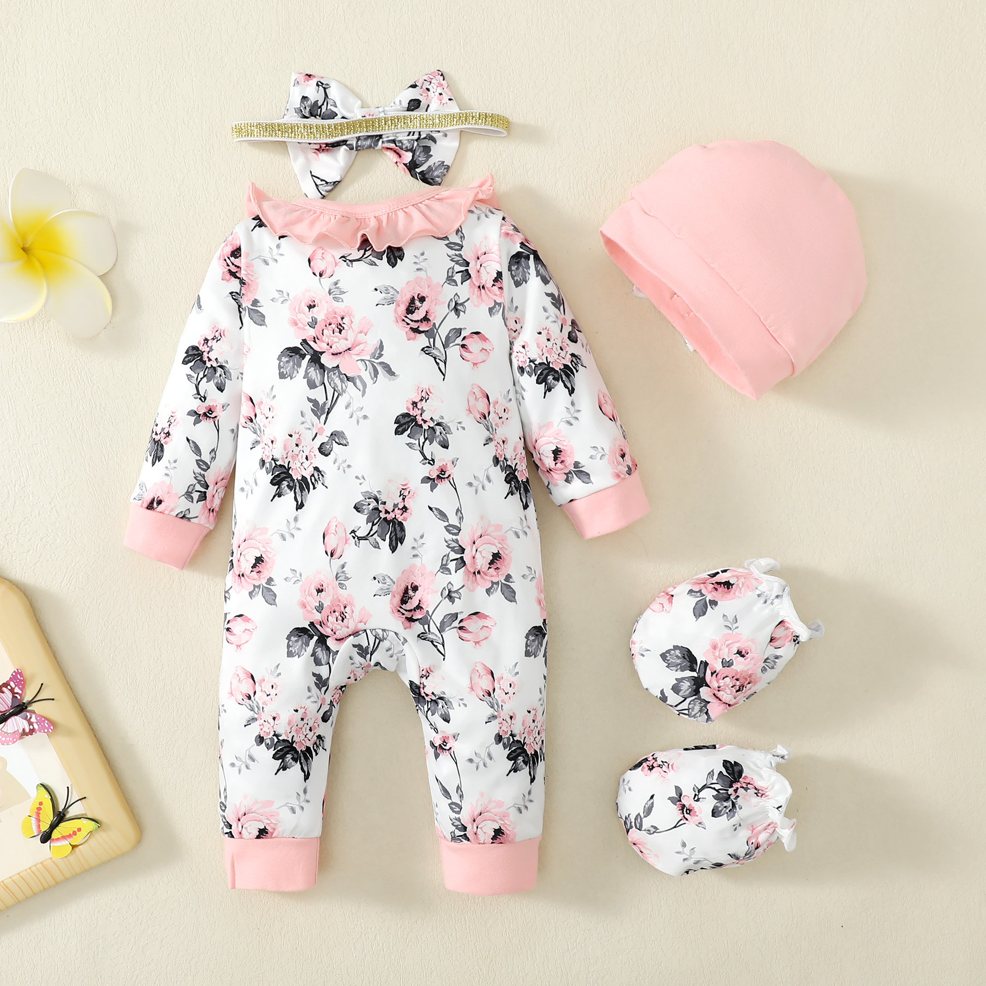 Mioglrie Newborn Floral Long Sleeve Bodysuit with Headband photo 3