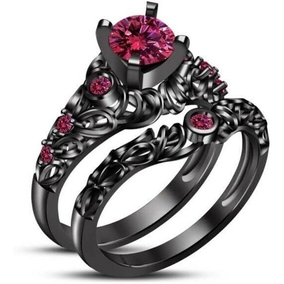 Gems Jewels 925 Sterling Silver 2.20 Ct Round Cut Pink Sapphire Wedding Engagement Thanksgiving Christmas Bridal Ring Set 14K Black Gold Plated For Women's -8