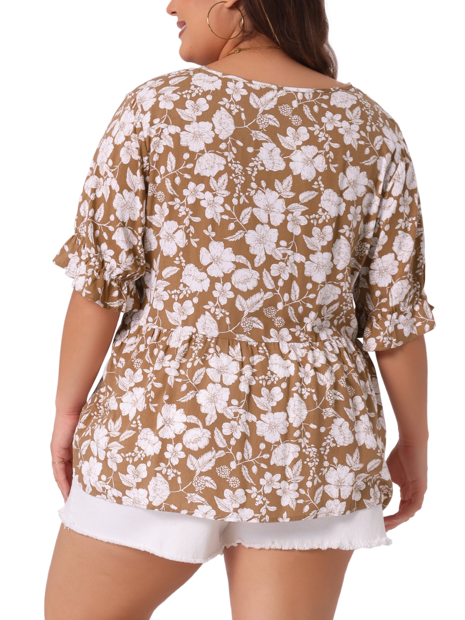 DARING DIVA Women's Plus Floral Print Ruffle Short Sleeve Babydoll Blouse 4X Brown