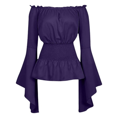 

solacol Womens Tops and Blouses Womens Tops 3/4 Sleeve Corset Top with Sleeves Womens Boho Vintage Ruffle Off Shoulder Corset Flare Sleeve Blouse Shirt Tops Off Shoulder Shirts for Women