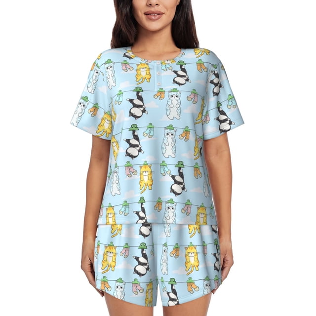 Fotbe Cartoon Cat Conjunto de Pijama Estampado para Mujer, 2 Piezas, Ropa de Dormir con Camiseta de Manga Corta y Shorts Suaves-X-Large