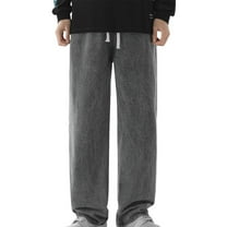 Men's Summer Casual Vintage Jeans，Stretch Elastic Waist Drawstring Denim Pants Straight-Leg Pants，Loose Fit Pants with Pockets Gray S