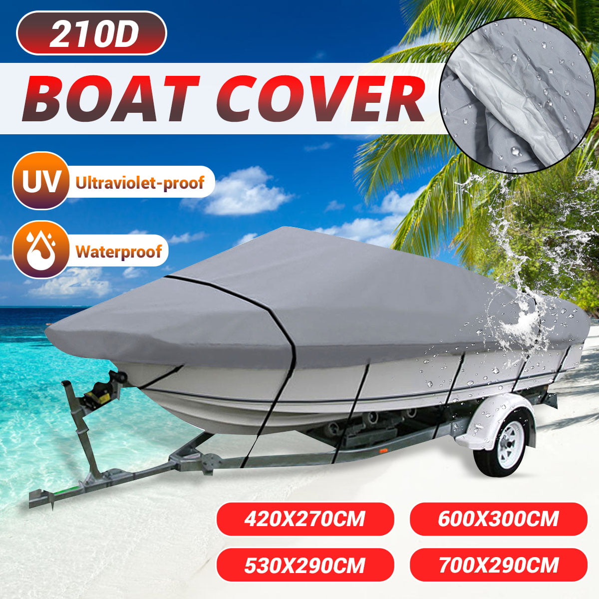 210D Heavy Duty Waterproof Boat Cover Fish SKI V-Hull Dinghy Speedboat 14-22ft 