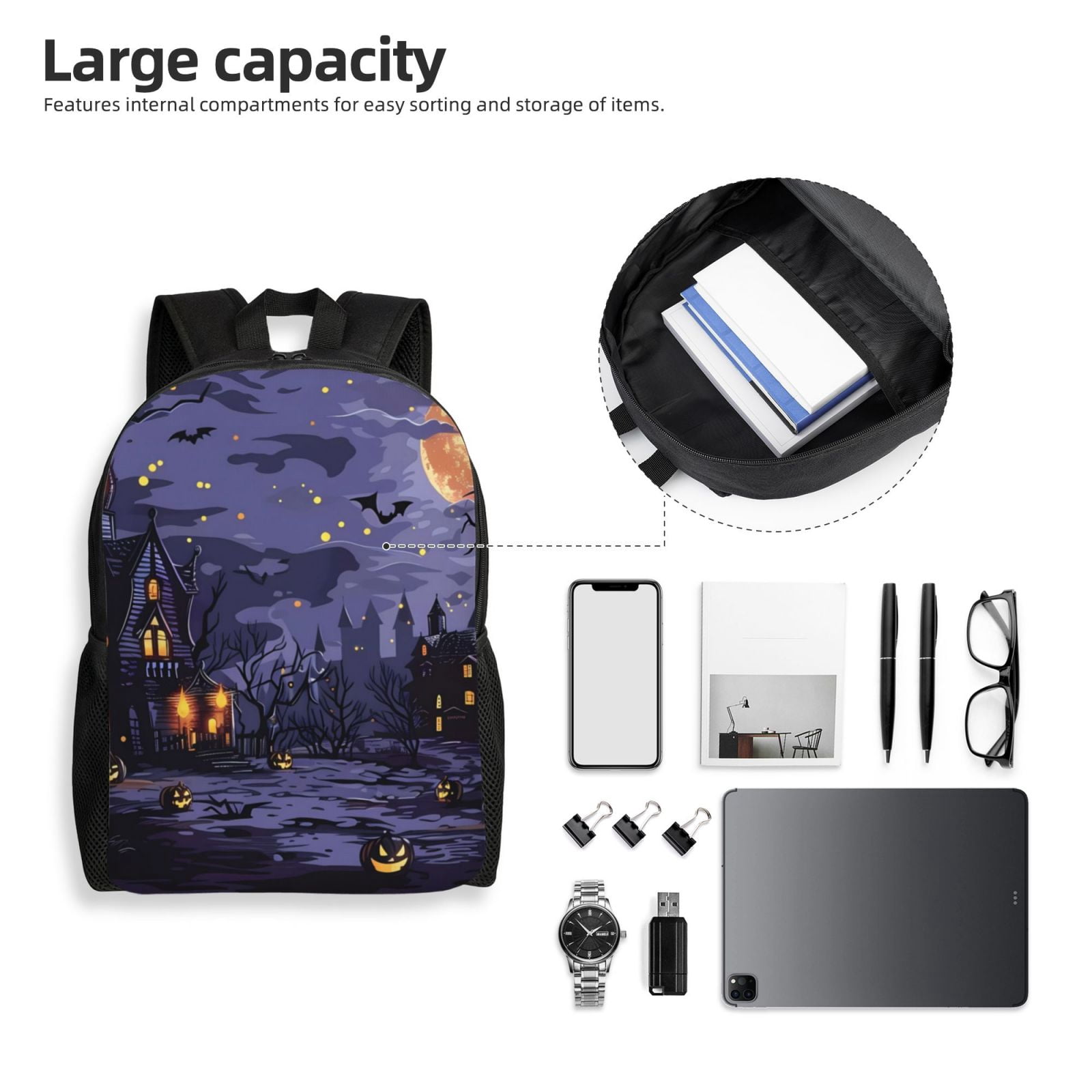 Xecao Mystery House Halloween Night Print School Backpack with Laptop Compartment Small Travel Laptop Backpack for Women Men Waterproof College Backpack Simple School Bag