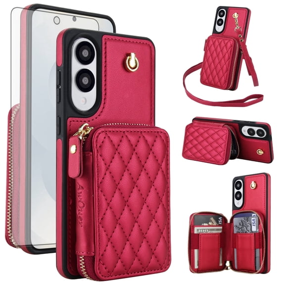 Compatible with Samsung Galaxy S25 Edge 5G Wallet Phone Case Tempered Glass Screen Protector Wrist Crossbody Strap Stand Credit Card Holder RFID Slot Cell Cover for S25Edge 25S 25Edge Women Girls Red