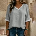 thumbnail image 3 of Uootdi Women's Tops V Neck 3/4 Sleeve Floral Embroidered Linen Blend Casual Blouses Summer Picnic Style Lightweight Breathable Loose Fit Shirts Gift, 3 of 6