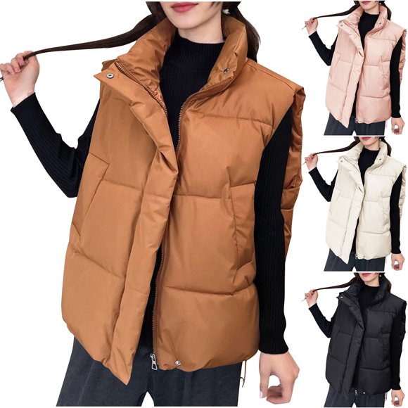 YOIAVAIOY Doudoune Sans Manches pour Femme à Fermeture Éclair Complète, Manteau d'Hiver Sans Manches à Col Montant, Vestes Matelassées en Duvet, Manteaux Rembourrés Chauds avec Poches, Beige m