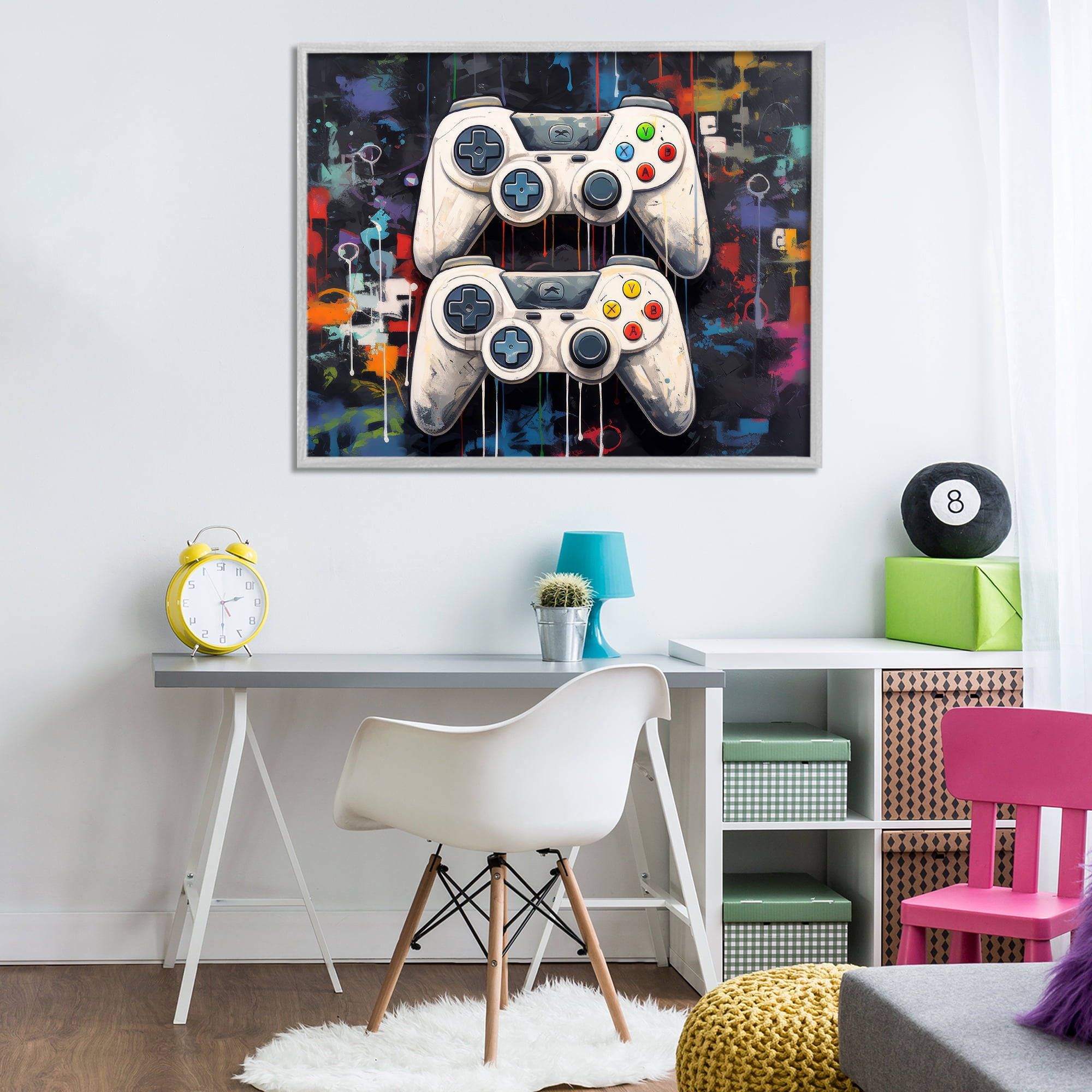 Stupell Industries Joystick Journeys with Paint Splatter Gray Framed Giclee Art, design by Lazar Studio