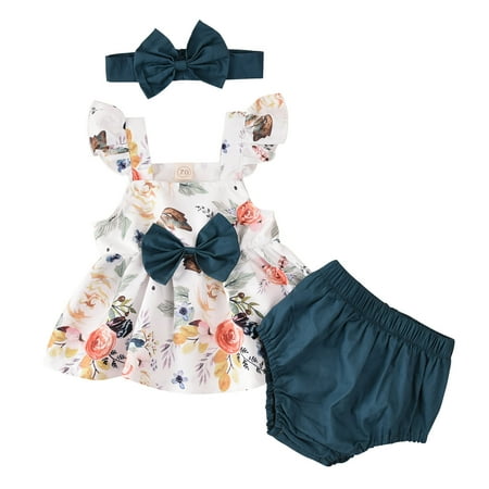 

QWERTYU Newborn Infant Baby Short Sleeve Bow Clothing Set Outfits Summer Floral T Shirts and Shorts Set with Headband for Girl 0-12M
