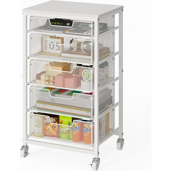 Utility Cart with 5 Drawers, Rolling Storage Cart with Wooden Tabletop and Lockable Wheels, Storage Drawer Cart Craft Cart for Bedroom, Classroom, Home, Office, White