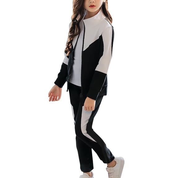 KAUOD Kids Girls PE 2PC Outfits Full Zip Color Block Sweatshirt and Jogger Sweatpants Sweatsuit Fall Sports Clothes