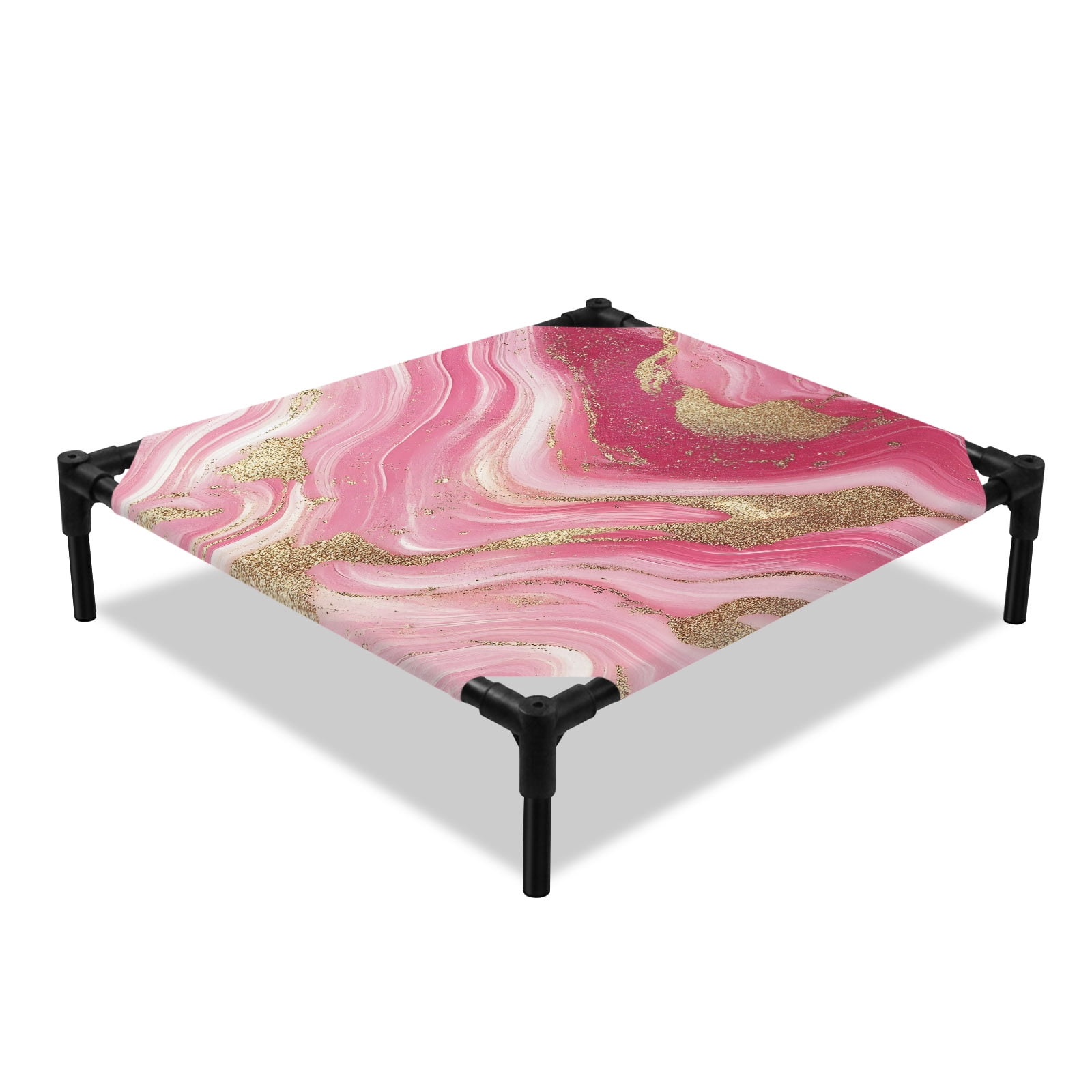 Pink Gradient Marble Elevated Dog Bed Gold Foil Cooling Breathable Outdoor Raised Dog Cot Bed with Metal Frame Non-Slip Feet for Small Dog 20x20in