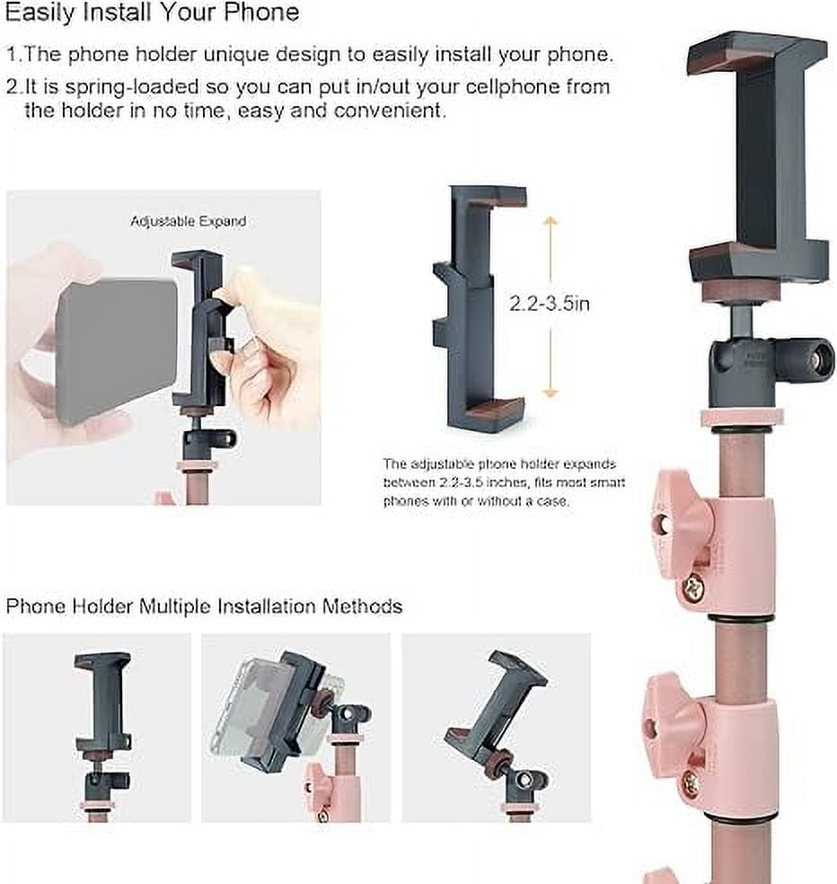 LINCO Adjustable iPhone iPad  Selfie Stick Tripod 52” Bluetooth Remote Mic Stand Tablet Holder -Pink