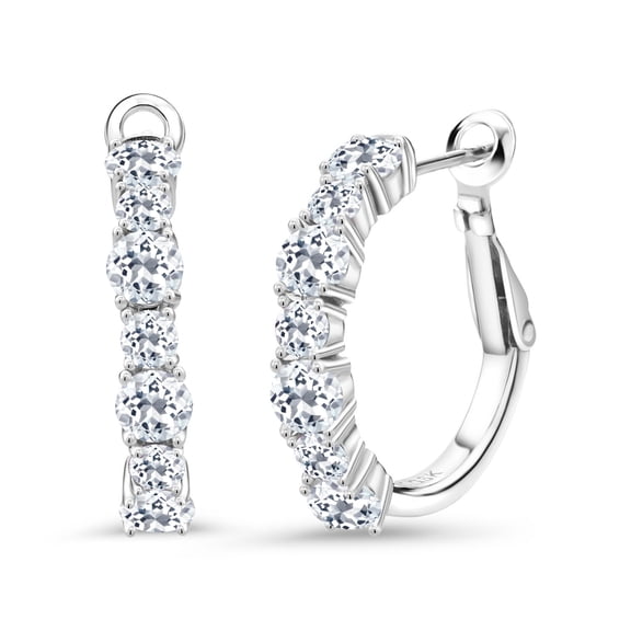 Gem Stone King 925 Sterling Silver White Topaz Hoop Earrings for Women (3.48 Cttw, Gemstone November Birthstone, Round 4MM and 3MM)
