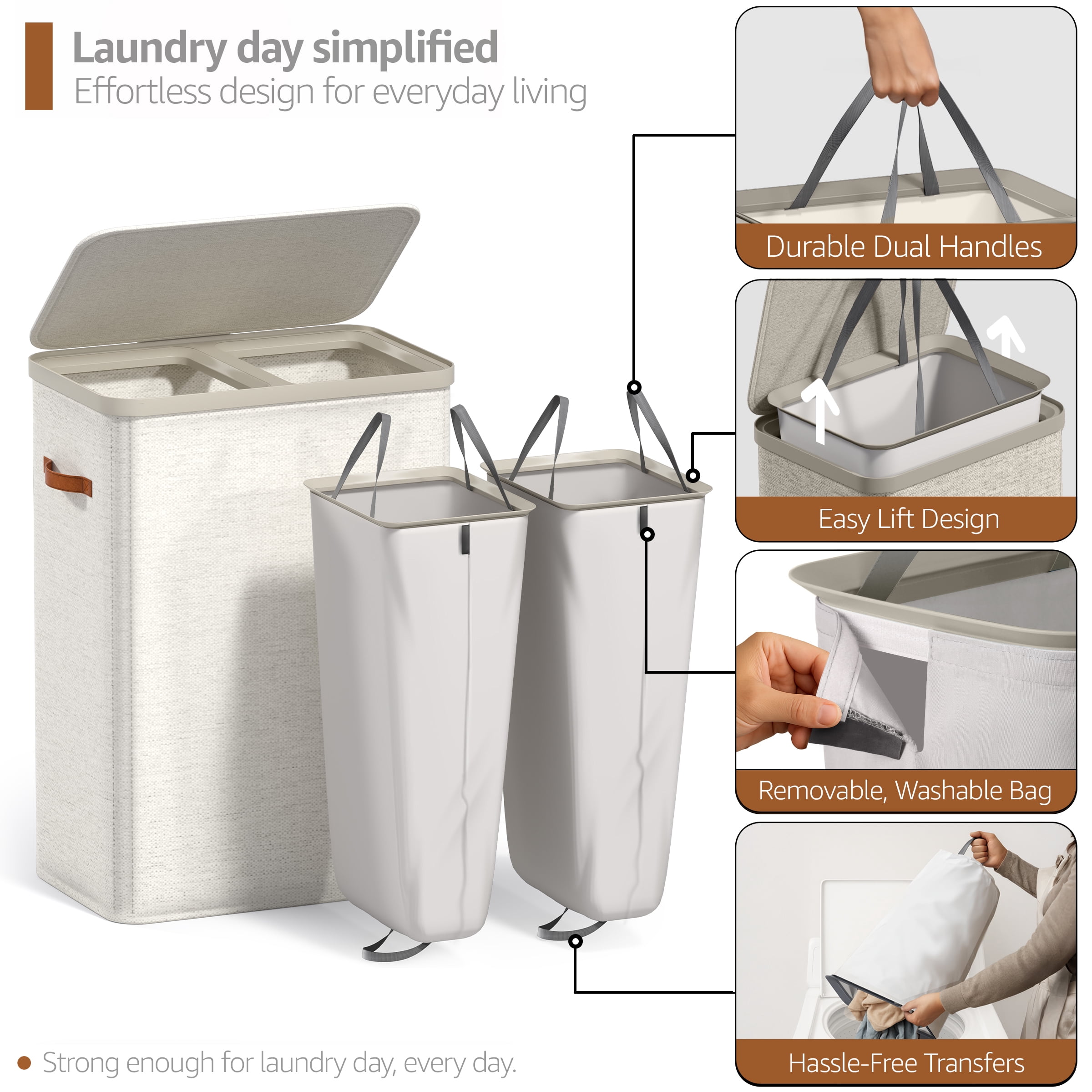 Sorbus Collapsible Fabric Laundry Hamper with Removable Bag, 2-Compartment, Beige