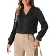 thumbnail image 1 of Blusa de trabajo casual de manga larga con botones y pliegues en V para mujer INSPIRE CHIC XL negra, 1 of 6