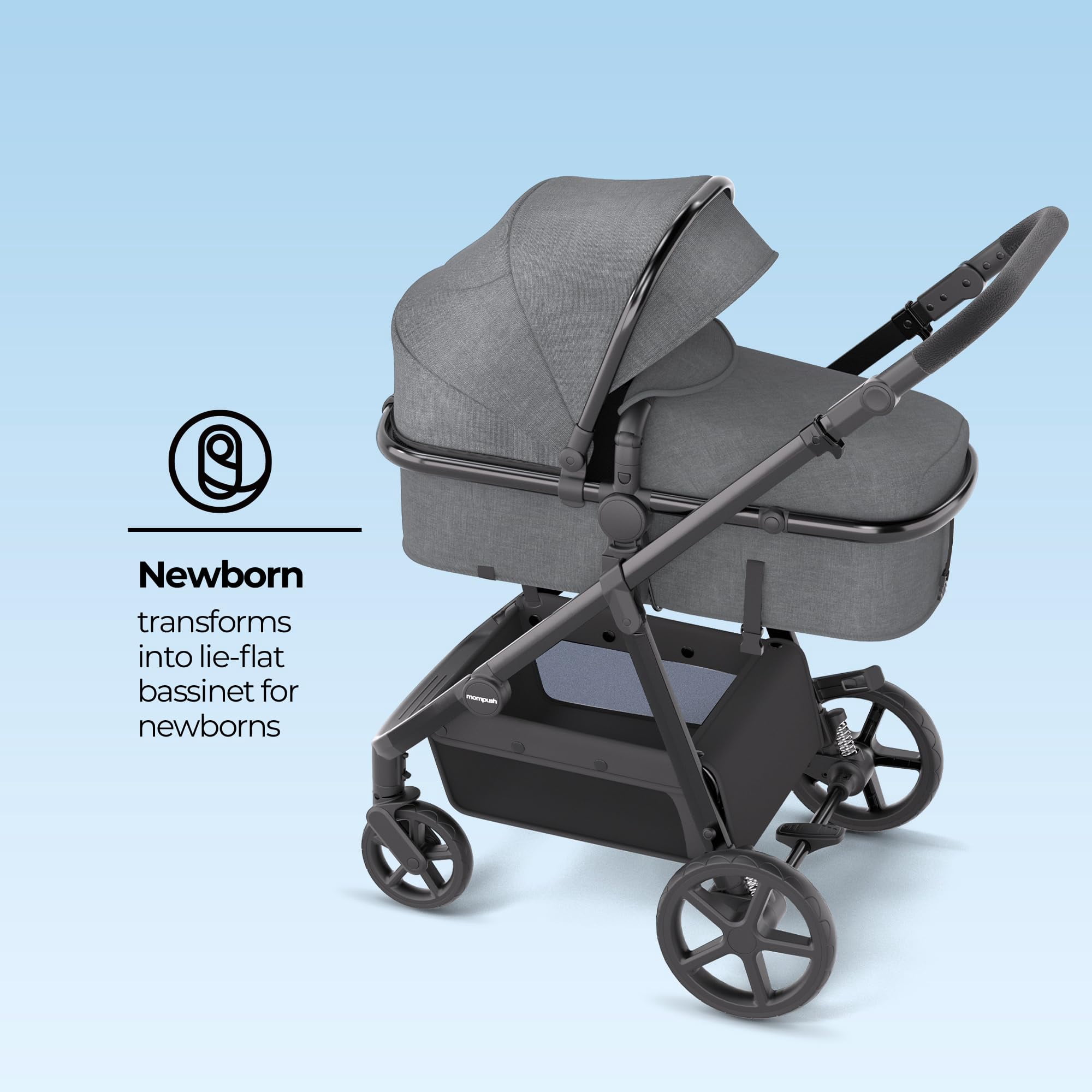 Mompush Meteor2, 2-in-1 Baby Stroller with Bassinet Mode, Adjustable Handle and Footrest, Grey, 23.2LB, Unisex