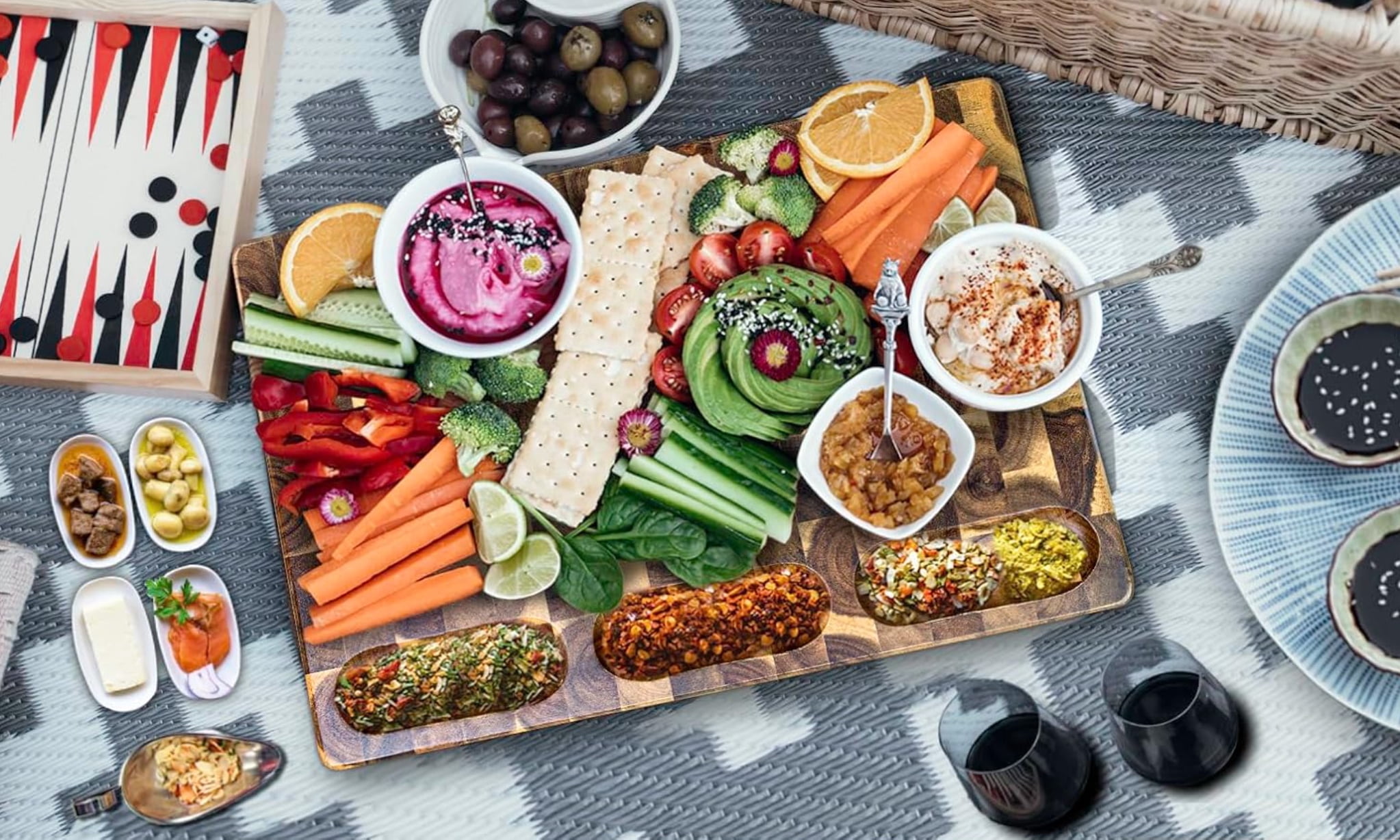 Cutting Board (17x13x15in) End Grain Cutting Board, Acacia Wooden Cutting Board, Butcher Block, Chopping Board - Reversible Multipurpose For Kitchen with Juice Groove, Cracker Holder & Inner Handles