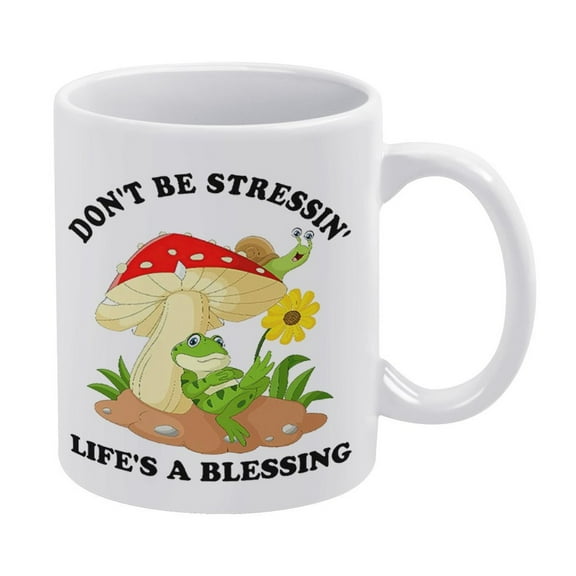 Don't Be Stressin' Life's A Blessing Frog Hippie Mug, Mushroom Illustration Art,Funny Coffee Mug,A Happy Cup for Children,The Best Gift for Colleagues,Parents,And Grandparents,110z Men And Women