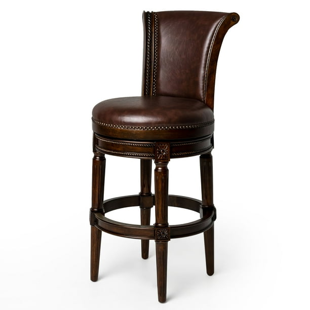 Maven Lane Carved 30" Swivel Bar Stool with Nailhead Trim, Dark Walnut