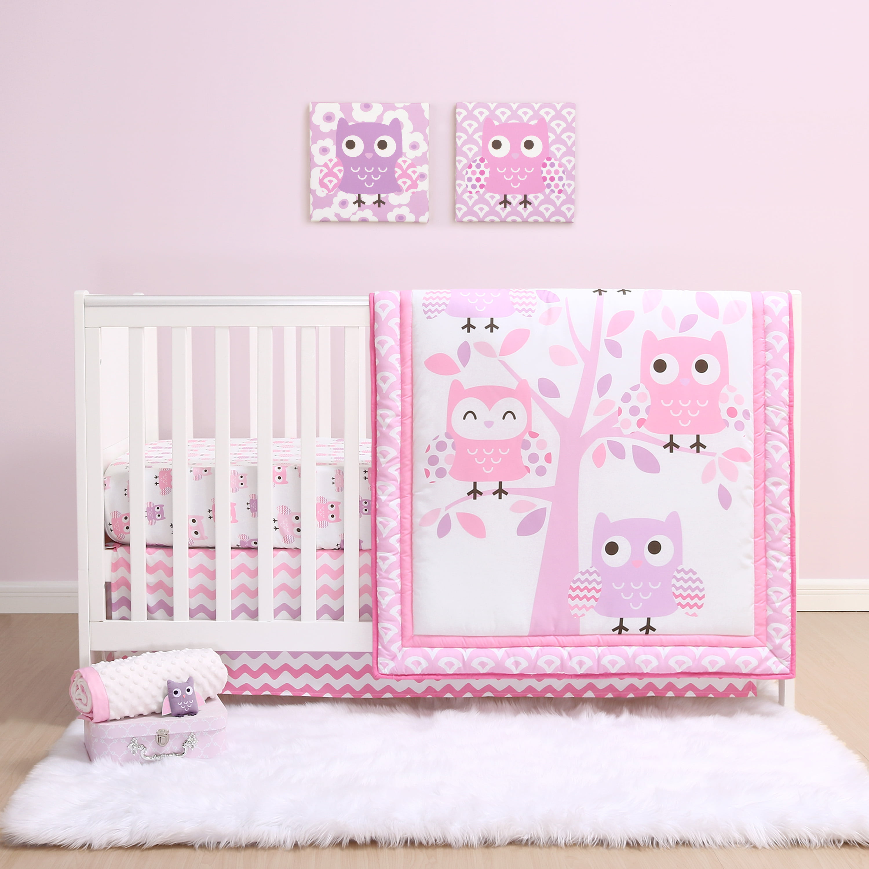 The Peanutshell Dancing Owls Crib Bedding Set for Baby Girls, 3 Piece Nursery Set, Pink