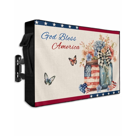 4th of July Outdoor TV Cover 48 to 50 Inch Weatherproof, Floral Butterfly Blue Red Independence Day 600D Oxford TV Covers with Waterproof Zipper, Outside Flat TV Screen Protector Size 48"Wx30"Hx4.5"D