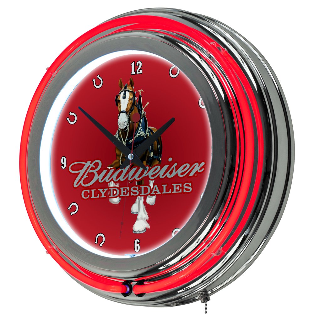 Budweiser Chrome Double Rung Neon Clock Clydesdale Red