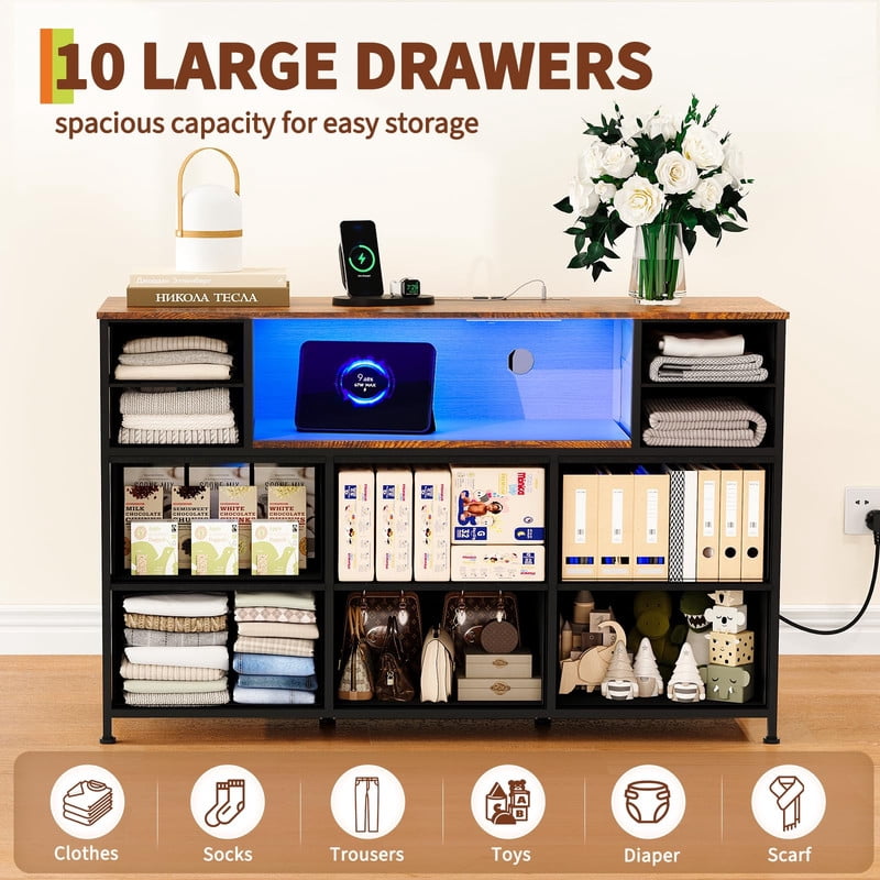 TROPOW 10 Fabric Drawers Dresser with LED Lights, Entertainment Center with Charging Station, Wood Top, Open Shelves, TV Stand for 40"-55" TV, Chest of Drawers for Bedroom Living Room Hallway