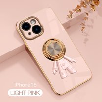 ELEHOLD Cute Case for iPhone 15 Ultra Slim Thin Three-Dimensional Astronaut Hidden Kickstand Finger Ring Holder Stand Gold Plating Shockproof Case for iPhone 15,Lightpink
