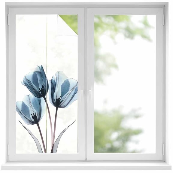 Removable Glass Window Covering, Navy Blue Tulip Window Privacy Film Frosted, Watercolor Farmhouse Floral Botanical Decorative Privacy Windows Film for Bedroom, Living Room, 19.6 x 39.3 Inches