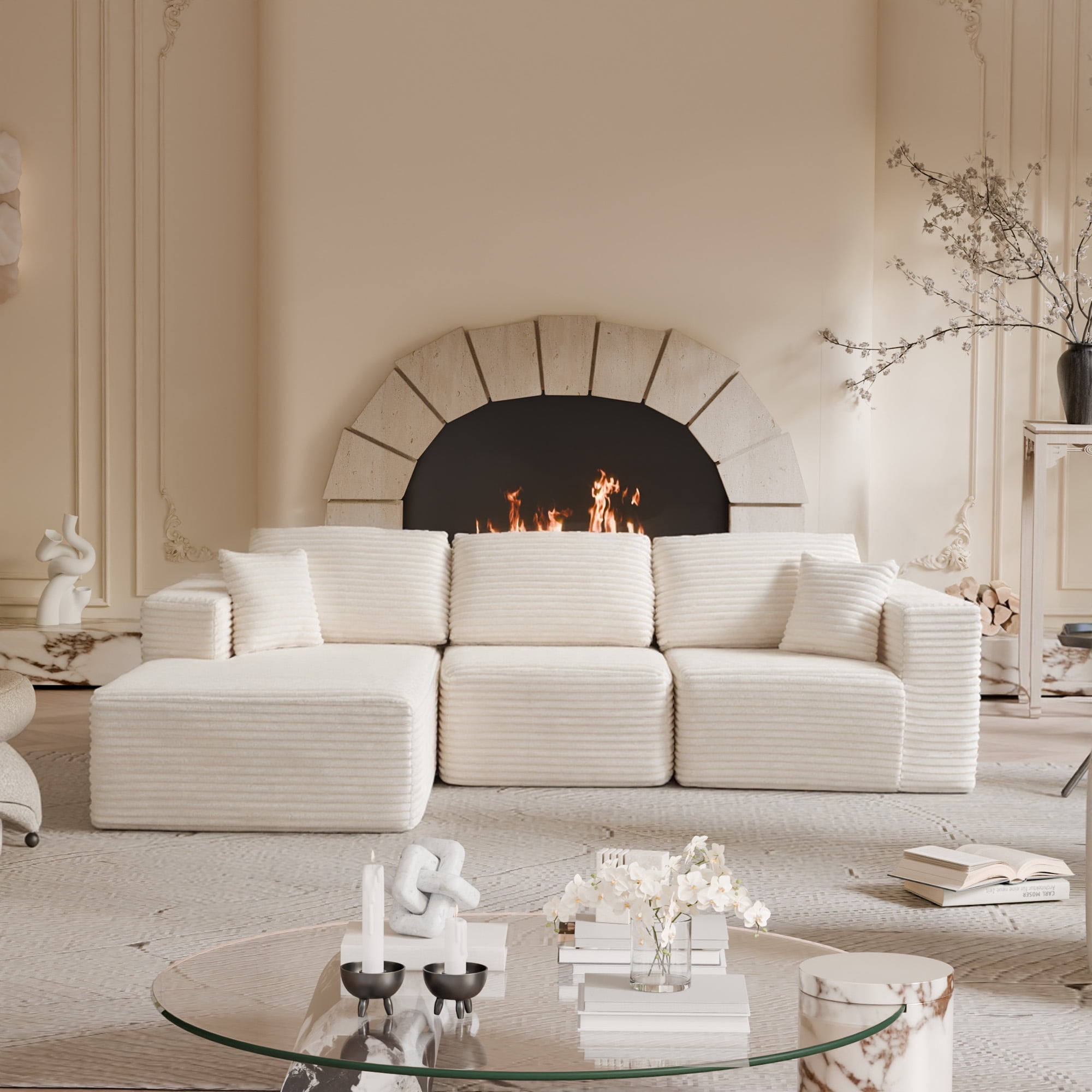 MAYEERTY 104" Cloud Sectional Sofa, Compressed Corduroy Modular Boneless Couch, No Assembly Required for Home Lounge,Beige