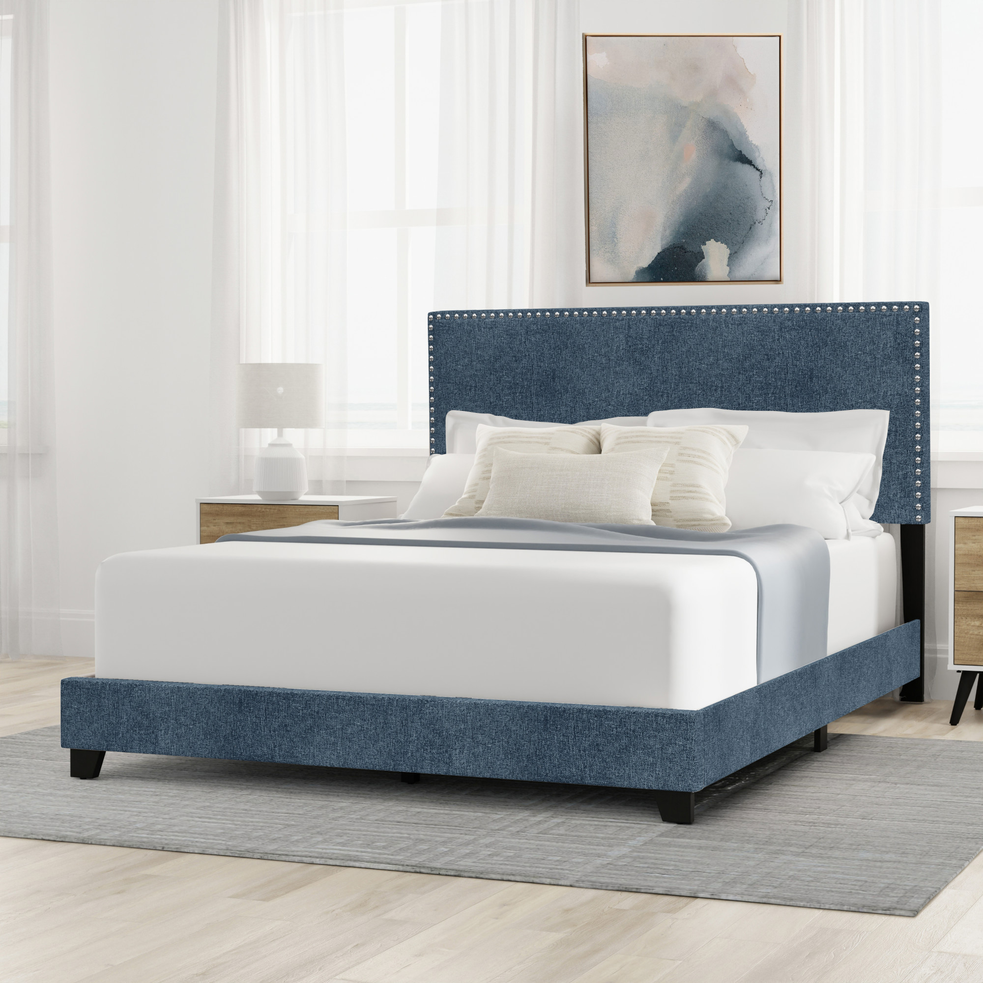 Willow Nailhead Trim Upholstered Queen Bed, Denim Fabric - image 5 of 17