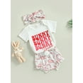 thumbnail image 3 of Bagilaanoe 3Pcs Newborn Baby Girl Easter Outfits Cartoon Print Short Sleeve Romper Tops + Shorts + Headband 3M 6M 12M 18M Infant Short Pants Set, 3 of 9