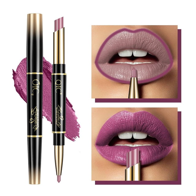 LUVCLS Lápiz labial automático de doble punta, delineador de labios mate, resistente al agua y al desvanecimiento^